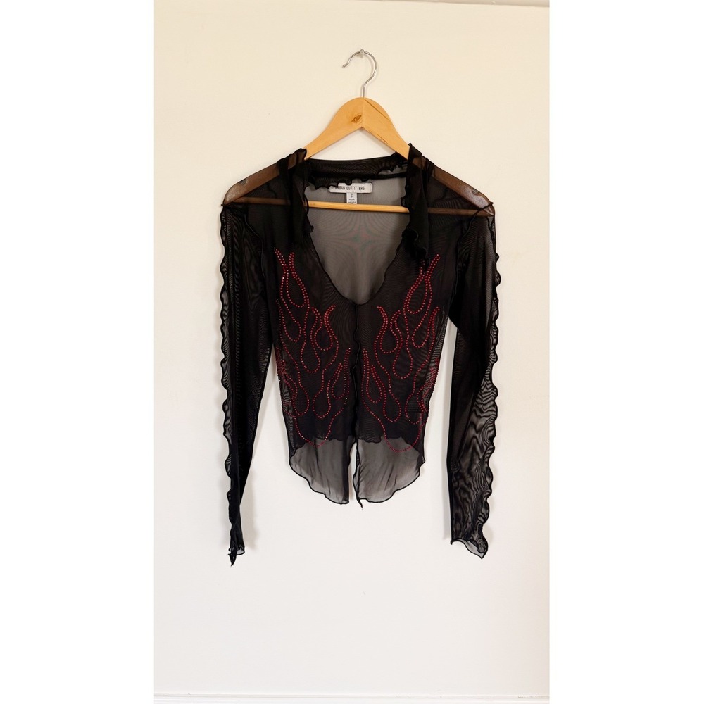 UO Sheer Mesh Flame‎ Rhinestone Long Sleeve Top Black Small Goth Vamp Festival